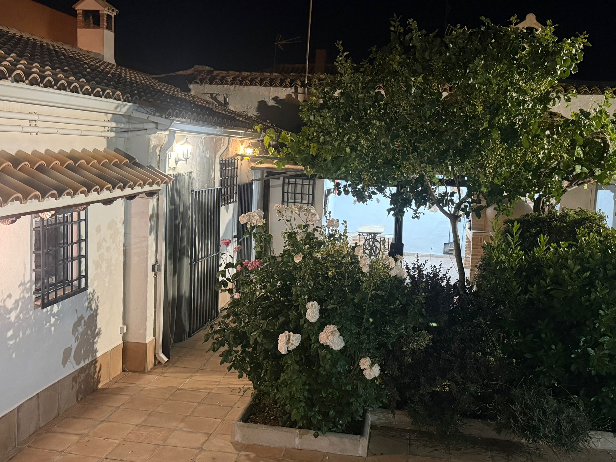 Patio de Casa Eufemia iluminado al anochecer