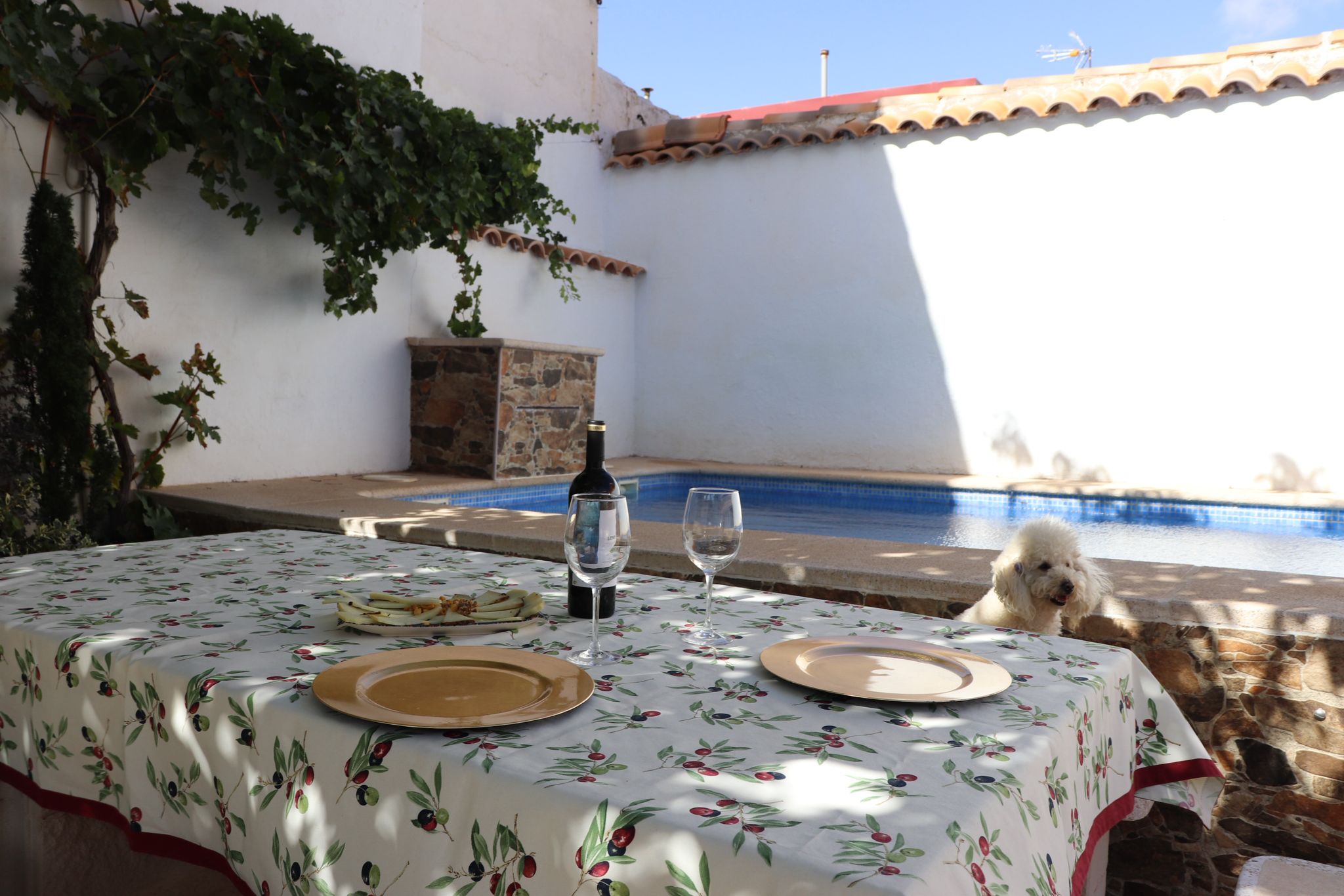 Mesa exterior junto a la piscina de la casa rural
