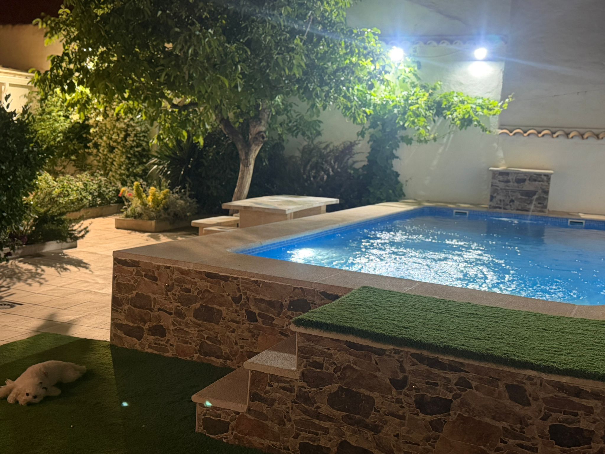 Piscina privada iluminada por la noche